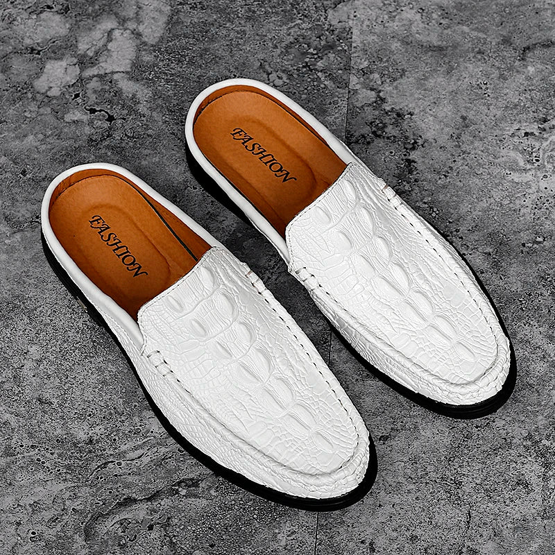 Summer Classic Half Shoes men Genuine Leather Crocodile pattern man Half Slippers Casual Outdoor Mules Non-slip Moccasins hombre