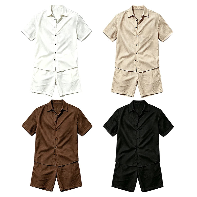 Men Linen Two Piece Outfit Short Sleeve Lapel Button | SAMAG