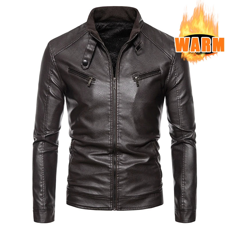 Men PU Leather Jacket Fashion Autumn Winter Stand Collar Slim Leather Jackets Warm Casual Coat Moto Biker Windproof Leather Coat