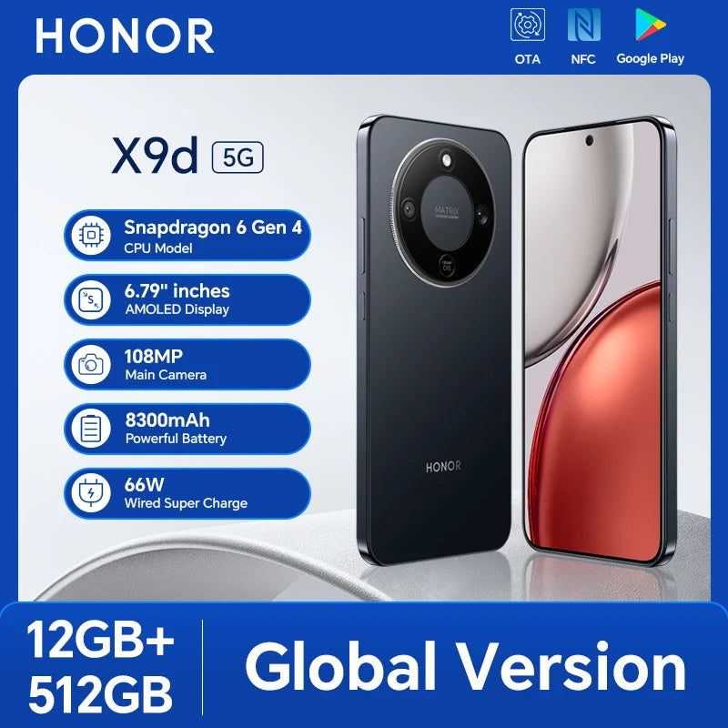 Global Version HONOR X9d 5G Smartphone 12GB+256/512GB 6.79'' 120Hz AMOLED Screen 108MP AI Main Camera 8300 mAh 66W Supercharging