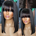14inch Straight Bob Wig with Bangs Human Hair Realistic Transparent Silk Base Full Lace Short Black Bob Wigs Blunt Cut Bob Wig