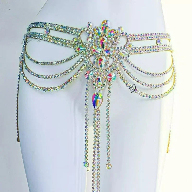 Sexy High End Belly Dance Waist Chain for Womens Handmade Rhinstone Diamond Accessories Female Ballroom Performance Jewelry Belt