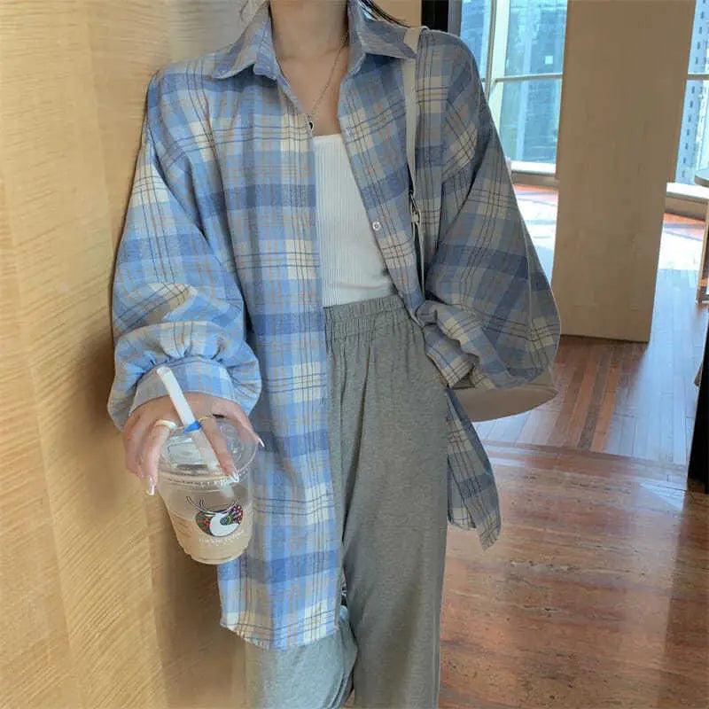 Lazy BF style shirt jacket for spring 2024 new retro plaid loose lantern long sleeved outerwear versatile top women's fashion