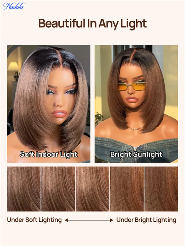 Nadula 13x4 7X5 Chestnut Brown BOB Wig Yaki Straight Pre-Bleached Knots Pre Cut HD Transparent Lace Human Hair Wig Ready to Wear