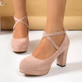 Women Pumps High Heels Thick Soles Shoes Ankle Strap Wedding Party Shoes Cross Strap Platform Square Heel Round Toe Sexy Sandals