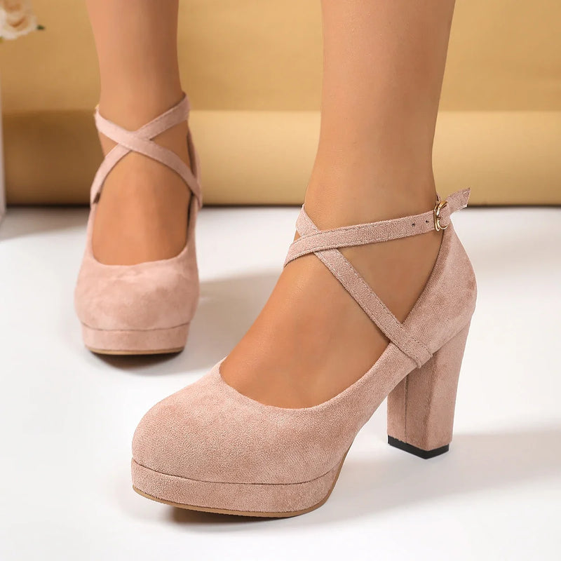 Women Pumps High Heels Thick Soles Shoes Ankle Strap Wedding Party Shoes Cross Strap Platform Square Heel Round Toe Sexy Sandals