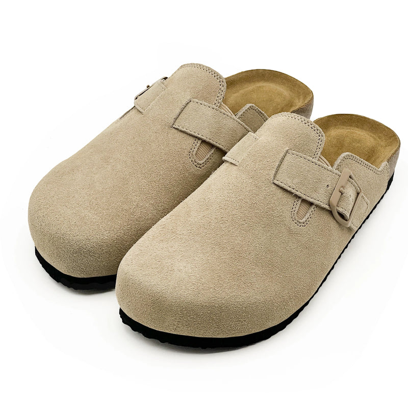 Retro Suede Leather Mule Clogs Arch Support Cork Latex Footbed Adjustable Buckle Non-Slip Indoor Outdoor Walking for Women & Men