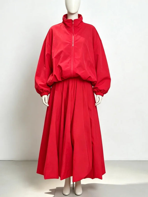 Women Oversized Hooded Zipper Jacket Maxi Long Skirt Two | SAMAG