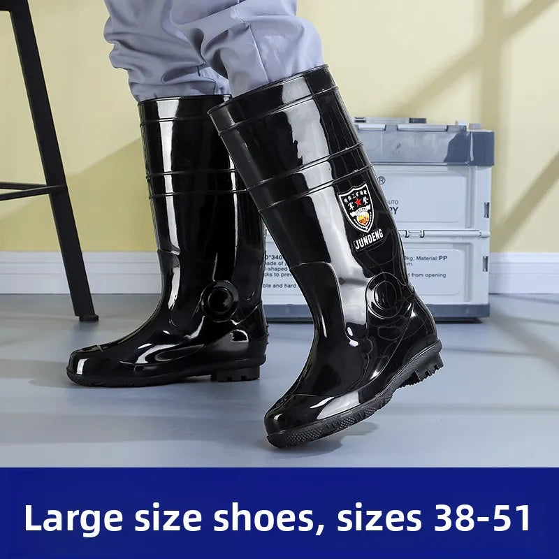 Large Size Men's Rain Boots High Tub Waterproof Anti-slip Work Site Rubber Shoes Fleece Lined Durable Plastic Outsole