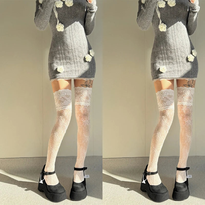 Women's Lace Fishnets Stockings Sexy JK Lolita Over The Knee Socks Autumn/Summer Retro Thigh Highs Tights Breathable Fishnets
