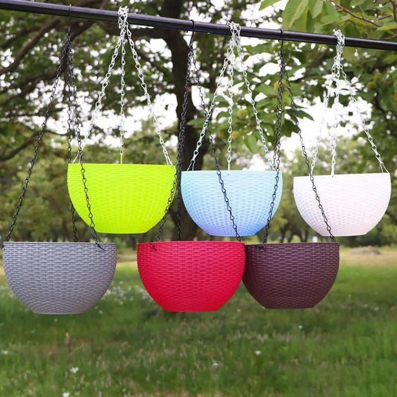 Garden Decoration Plastic Woven Plaited Baskets with Chain Home Decor Houseplant Flowerpot Round Hanging Flower Pots Balcony