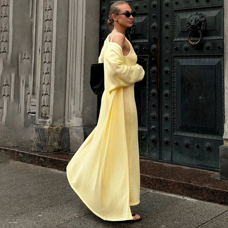 Tuularose Women Long Dress 2 Piece Solid Knitted Spaghetti Strap Dress Long Sleeve Cardigan Set Casual Fashion Female Dress Set
