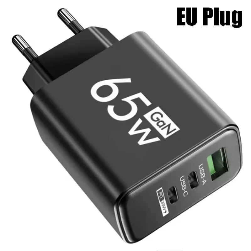 65W USB C GaN Charger 3 Ports Fast Charging Adapter 10A USB To Type C Data Cable PD USB QC3.0 Chargers for iPhone Samsung Xiaomi