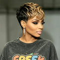 Pixie Cut Human Hair Wig Full Machine Made Black Blonde Ombre Fluffy Curly Short Wig For African American Women Casual Outfits