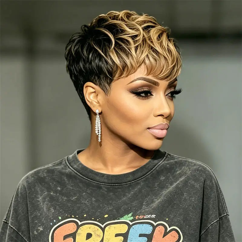 Pixie Cut Human Hair Wig Full Machine Made Black Blonde Ombre Fluffy Curly Short Wig For African American Women Casual Outfits