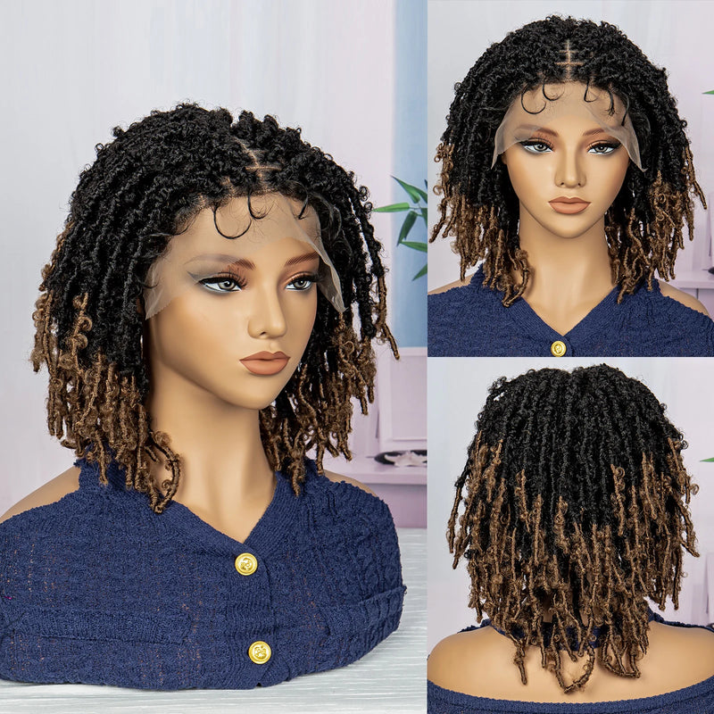 Dreadlocs Wigs Short Box Braided Wigs Synthetic 9x6 Lace Closure Wig Ombre Butterfly Twisted Locs 12inch for Afro Men/ Women