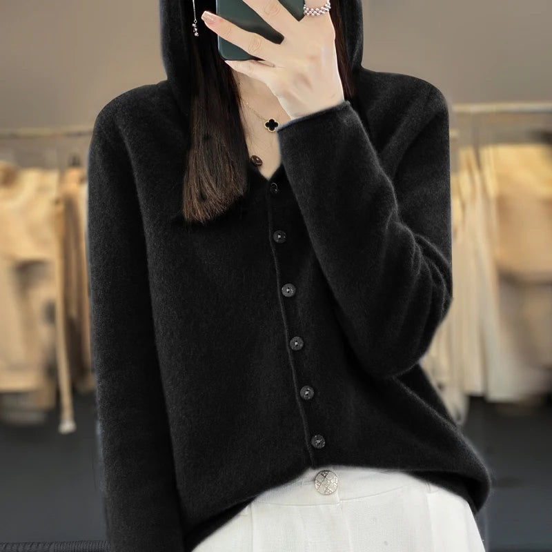 Hooded Cashmere Cardigan 100% Merino Wool Women's Sweater - View 7 | SAMAG