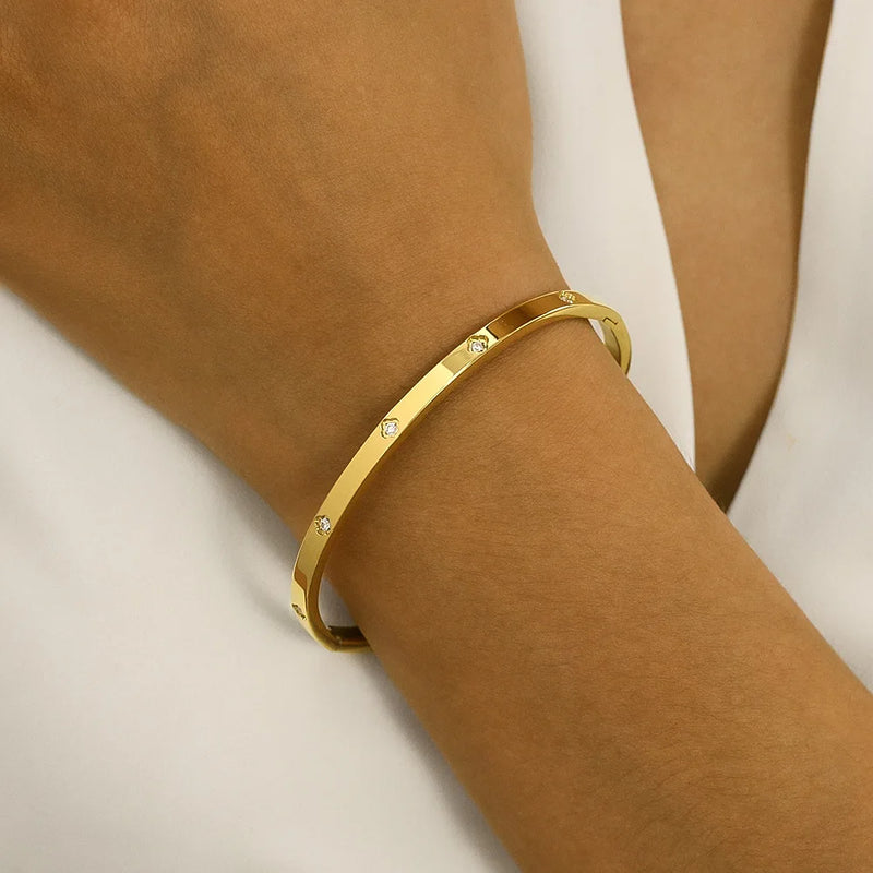 Stainless Steel 18K Gold Plated For Lucky Leaf CZ zircon Bangle Bracelet Set Stackable For Women Crystal - Visuel 3 | SAMAG