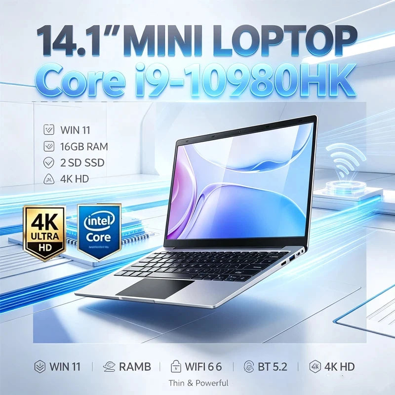 14.1" Ultra Slim Laptop Intel I9-10980HK Win11 Pro 16GB 2TB SSD FHD WiFi6 BT5.2 Gaming Office Student Portable Notebook