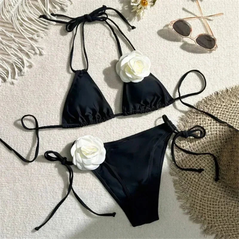 Sexy Flower Bandeau Swimwear Thong Bikini Women Lace-up | SAMAG