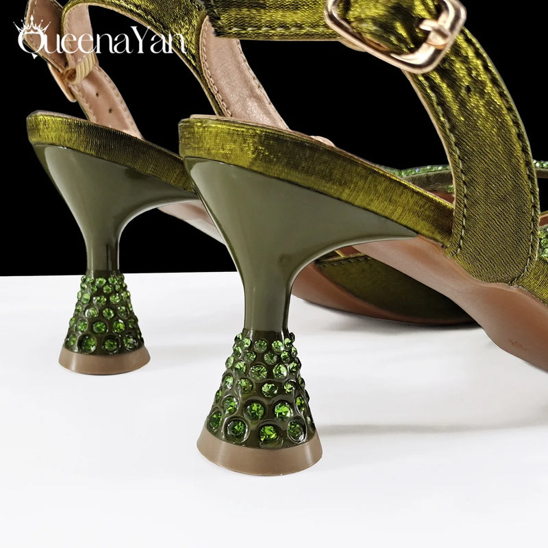 Queena Yan New Arrival Fashionable Olive Color Diamond Decorative Party Wedding Pointed Toe Women's High Heels and Bag Set