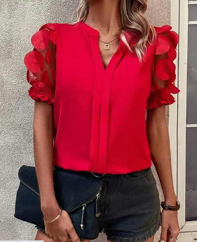 Women's Sexy V - Neck Puff Sleeve Blouse Semi - Sheer Mesh | SAMAG