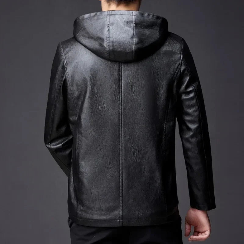 Winter High-end Men's Hooded Leather Jacket with Waterproof Windproof and Plush Insulation Men Clothing