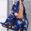 Men's Ice Silk Sleepwear Kimono Bathrobe Gown Long Robe Pajamas Two Piece Set Print Tiger Loose Casual Homewear Lounge Wear