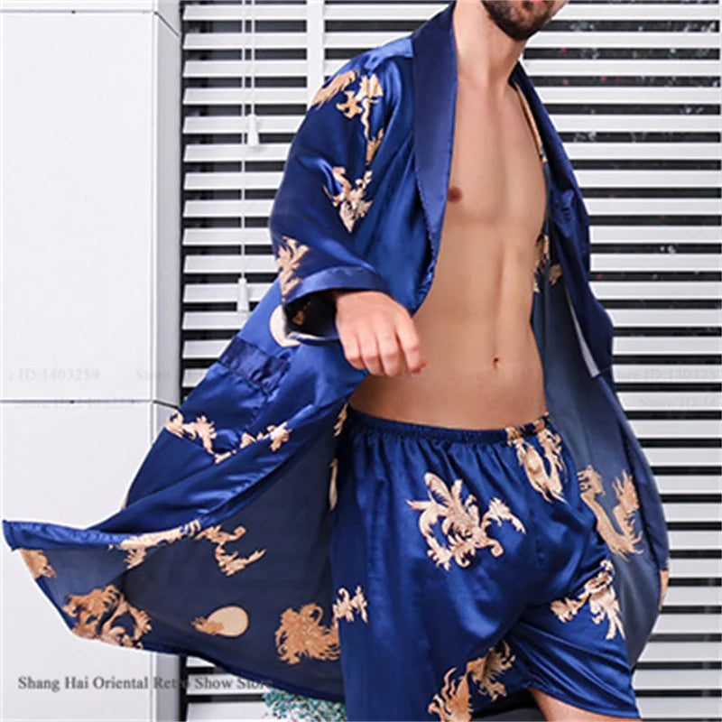 Men's Ice Silk Sleepwear Kimono Bathrobe Gown Long Robe Pajamas Two Piece Set Print Tiger Loose Casual Homewear Lounge Wear