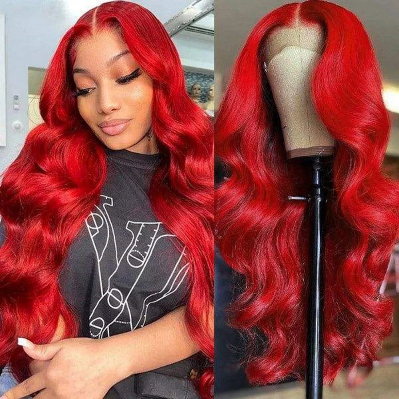 Hot Red Human Hiar Wigs 13x4 13x6 Lace Frontal Wig Body Wave Brazilian Colored Human Hair Wigs 30 36 Inch for Women  Pre plucked