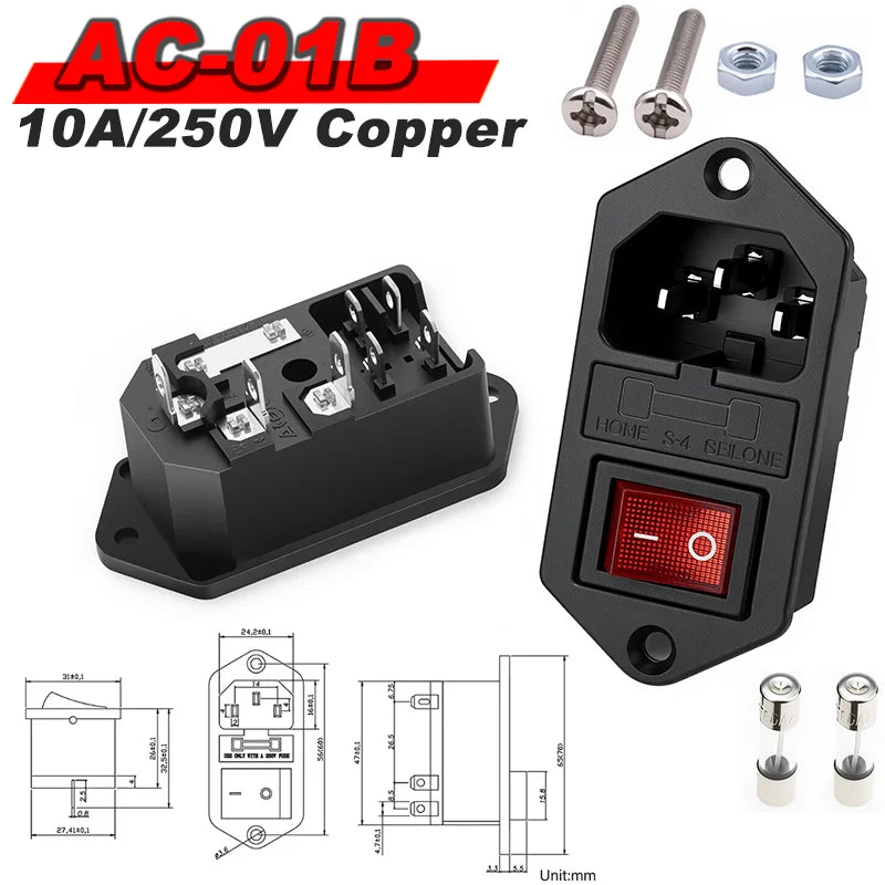 IEC 320 C13 C14 AC Inlet Power Plug Socket 250V 10A Fuse Red Lamp Rocker Switch Rewirable 3Pin Electrical Male Female Connector