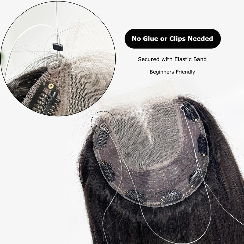 4x4inch Lace Front Human Hair Topper HD Lace Wefted Topper with Adjustable Elastic Band Virgin European Hair Women Hairpieces