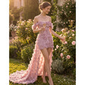 Pink Off Shoulder Mini Evening Dress 3D Handmade Floral | SAMAG