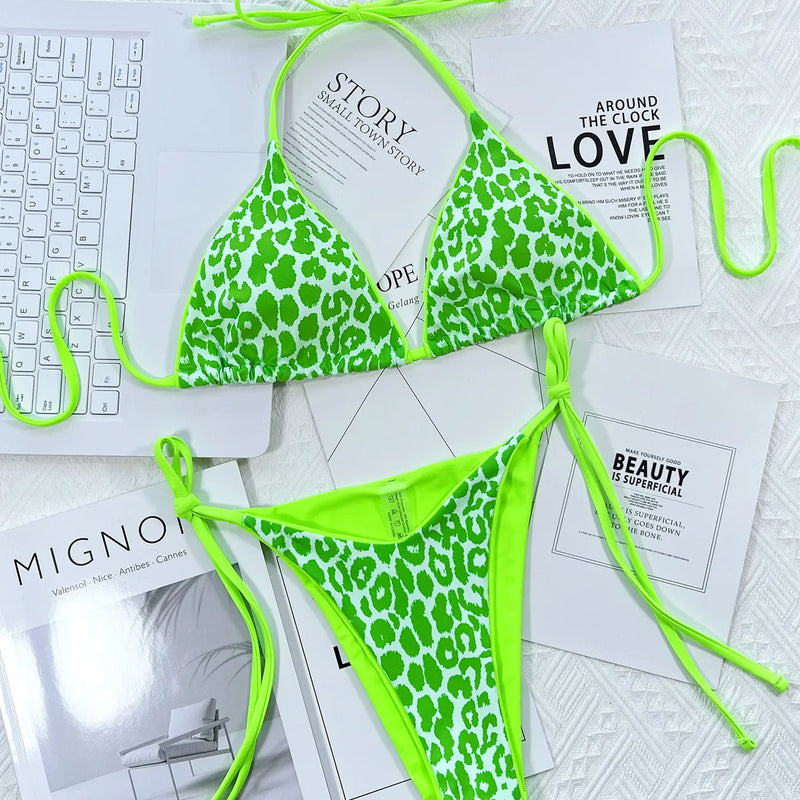 Sexy string leopard print bikinis set swimsuit halter tie | SAMAG