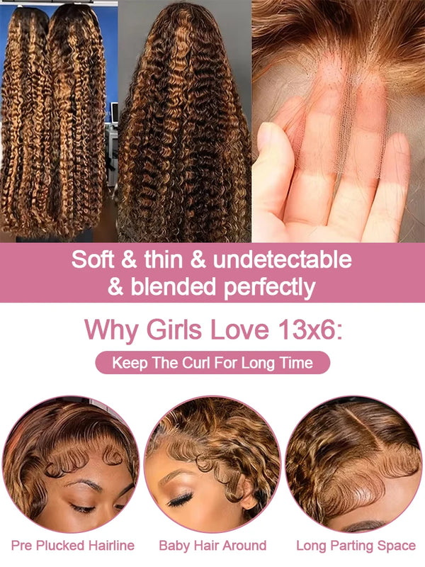40 44 Inch Curly Highlight Wig Human Hair Deep Wave 13x6 HD Frontal Wig 4/27 Honey Blond 13x4 Water Wave Lace Front Wigs Raw Human Hair Wigs For Black Women 250% Pre Plucked Natural Hairline