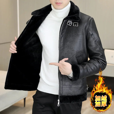 Winter Fur Leather Jacket Men Lapel Motorcycle | SAMAG