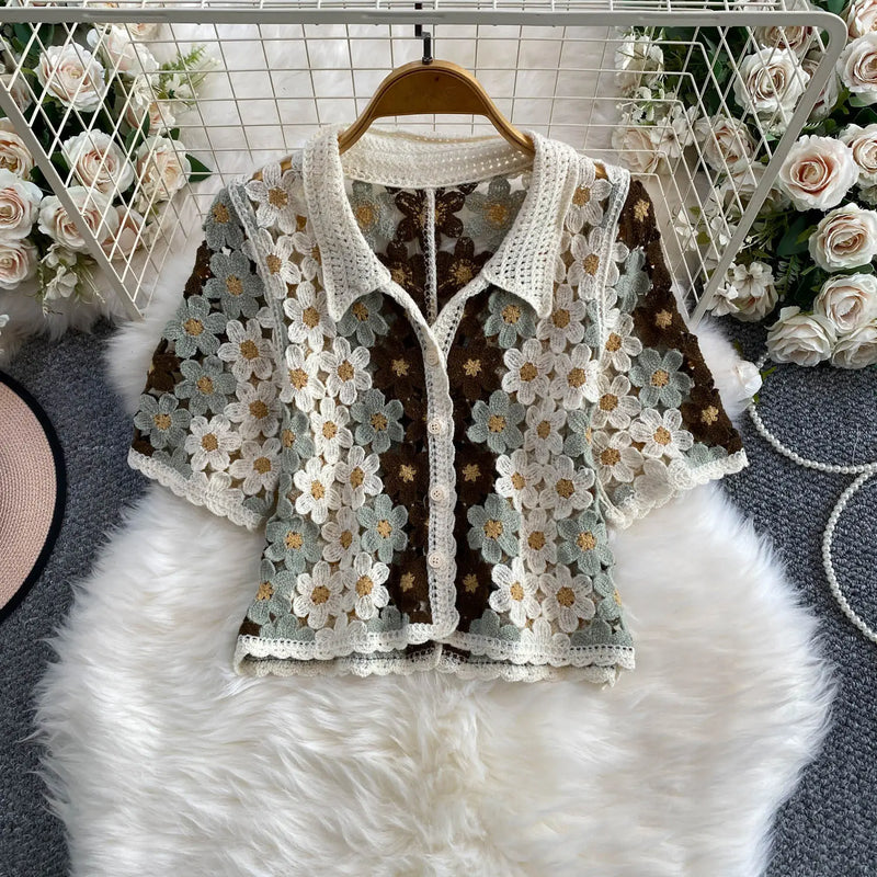 Crochet Knit Shirt Short Sleeve Floral Granny Square - View 5 | SAMAG