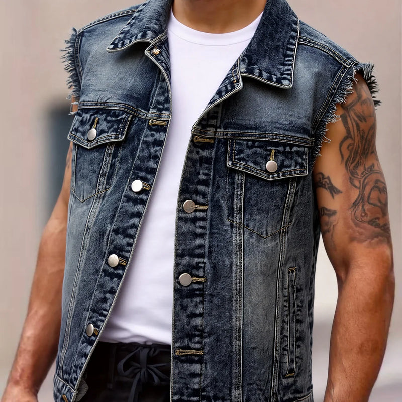 American Streetwear Men's Frayed Denim Vest Vintage Washed Turn Down Collar Sleeveless Jean Jacket Spring Summer