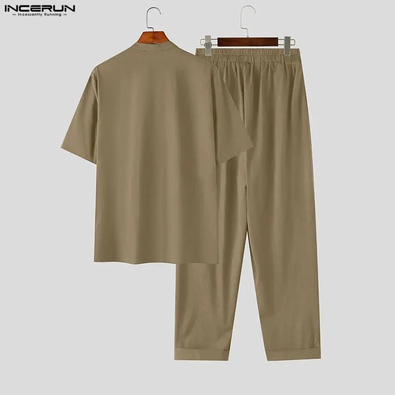 INCERUN Men's Sets Solid O - neck Short Sleeve T Shirt Pants Two Piece Streetwear Casual Fashion Matching - View 5 | SAMAG