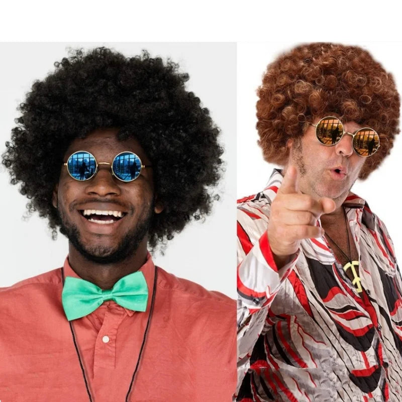 Men Synthetic Wig Hat Curly Hair Cap Sunglasses Necklace 3 PCS Set Funny 70s Disco Hippie Hair Props Party Hip Hop Dance Costume