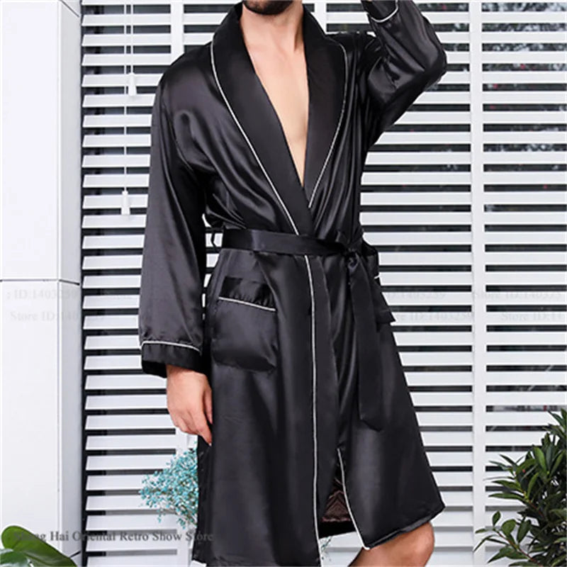 Men's Ice Silk Sleepwear Kimono Bathrobe Gown Long Robe Pajamas Two Piece Set Print Tiger Loose Casual Homewear Lounge Wear