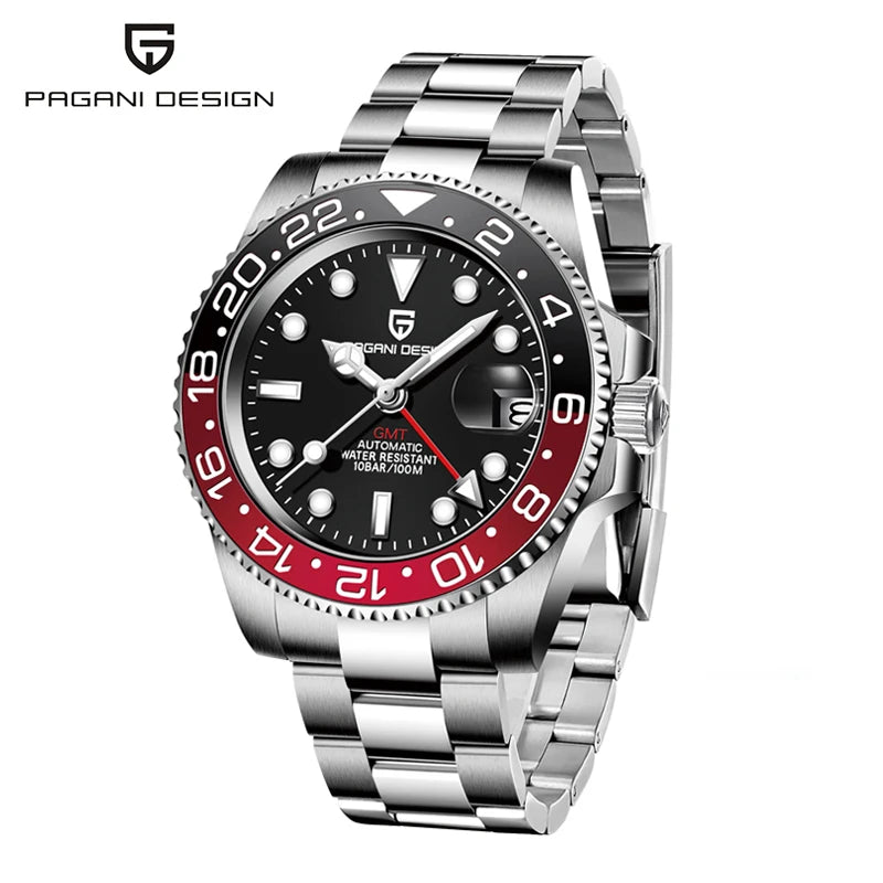 Top PAGANI DESIGN PD1662 Men GMT Automatic Mechanical Watch Black Ceramic Bezel Sapphire Glass 100M Waterproof Jubilee Stainless Steel Bracelet Sports Diver Wristwatch Reloj Hombre+gift box