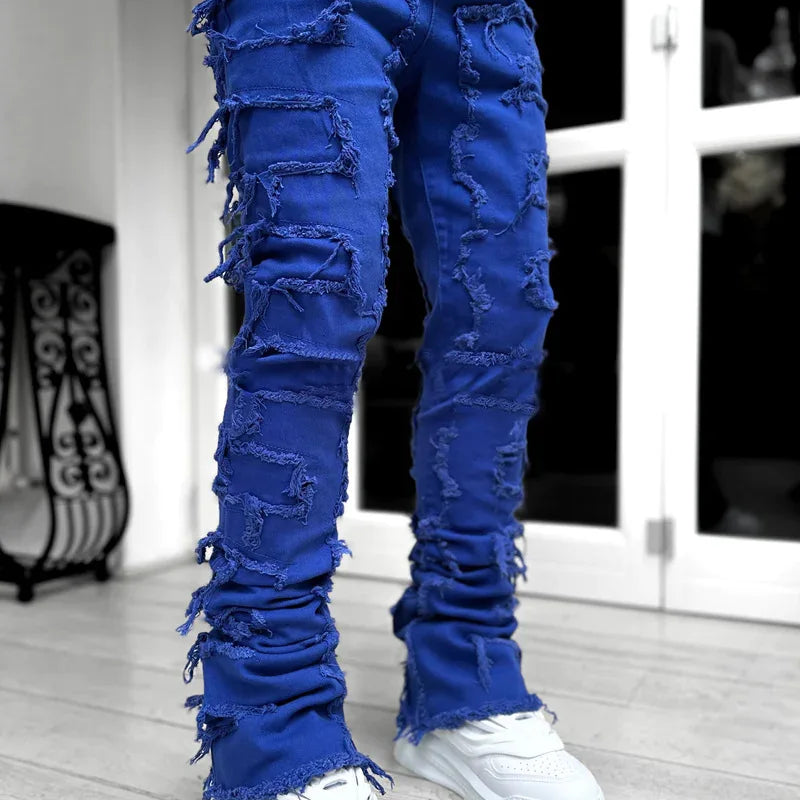 Men's Regular Fit Stacked Jeans Ripped Slim Patch | SAMAG