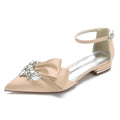 Satin Rhinestones Wedding Flats Shoes Pointed Toe Ankle Buckle Strap Women Flat Sandals for Bridesmaids/Prom/Evening