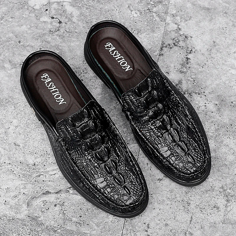 Summer Classic Half Shoes men Genuine Leather Crocodile pattern man Half Slippers Casual Outdoor Mules Non-slip Moccasins hombre