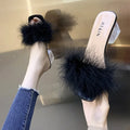 Fashion Slippers Women's Summer New Open Toe Plush Fox Fur Chunky with Flip Flops Sexy Home Banquet Square Toe Simple Pumps