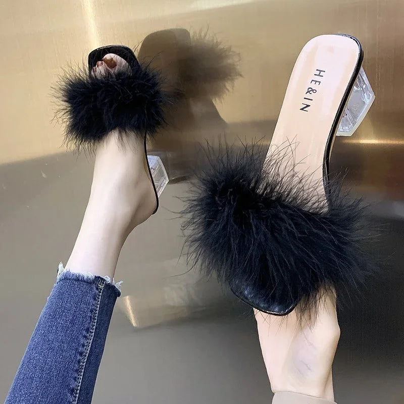 Fashion Slippers Women's Summer New Open Toe Plush Fox Fur Chunky with Flip Flops Sexy Home Banquet Square Toe Simple Pumps