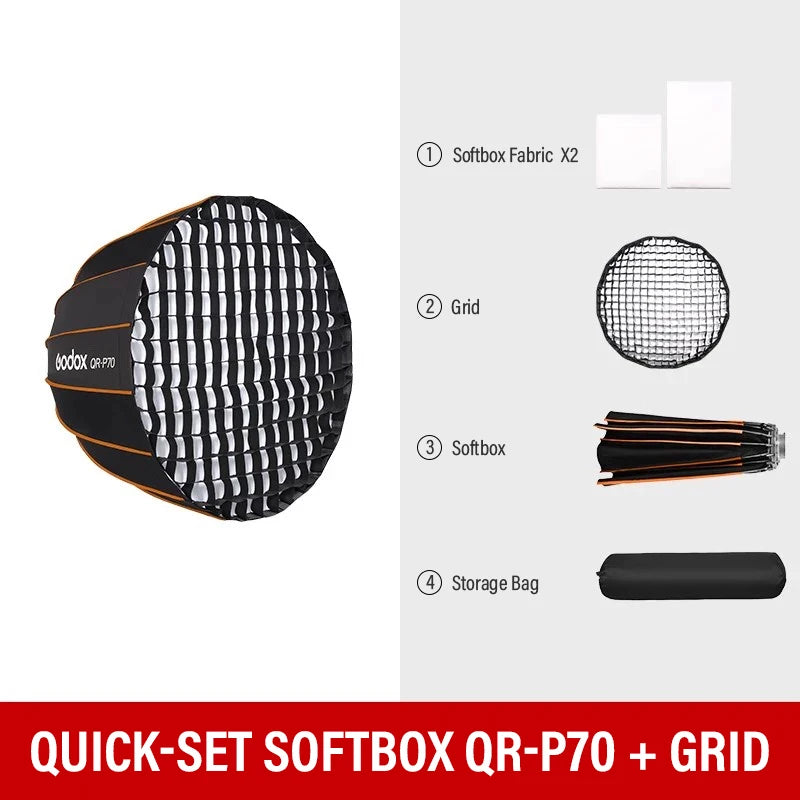 Godox Quickly Release Parabolic Deep Softbox QR-P70 70CM QR-P90 90CM QR-P120 120CM with Honeycomb Grid for Bowens Mount Studio F