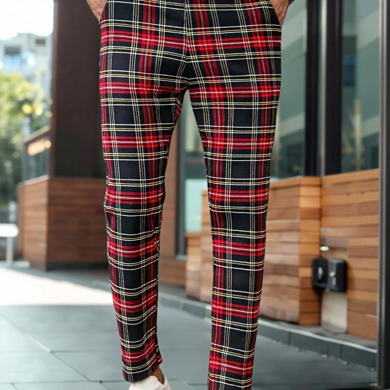 Men's Tartan Plaid Tapered Cropped Dress Pants Viscose Polyamide Elastane Slim Fit Business Casual Ankle‑Length Trousers