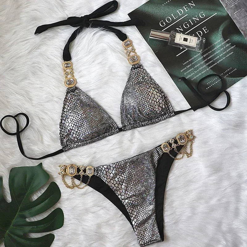 Halter Metal Chains Rhinestone Diamond Bikini Women | SAMAG